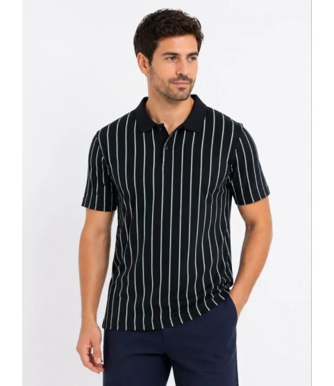 Erkek Pike Kumaş Çizgili Polo Yaka Tişört Kısa Kol Yazlık T-Shirt - Siyah
