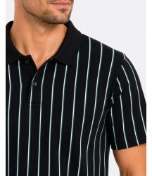 Erkek Pike Kumaş Çizgili Polo Yaka Tişört Kısa Kol Yazlık T-Shirt - Siyah