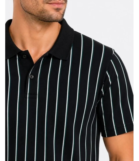 Erkek Pike Kumaş Çizgili Polo Yaka Tişört Kısa Kol Yazlık T-Shirt - Siyah