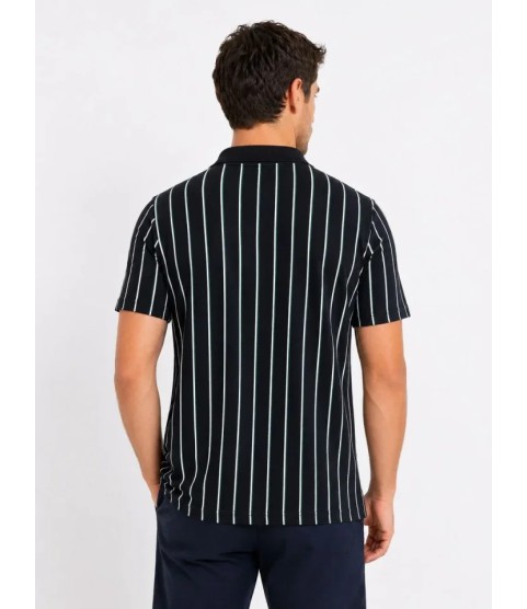 Erkek Pike Kumaş Çizgili Polo Yaka Tişört Kısa Kol Yazlık T-Shirt - Siyah