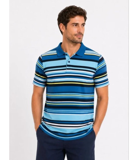 Erkek Çizgili Polo Yaka Tişört Kısa Kol Yazlık T-Shirt Regular Fit - Mavi