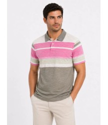 Erkek Flamlı Penye Çizgili Polo Yaka Tişört Kısa Kol Yazlık T-Shirt - Gri