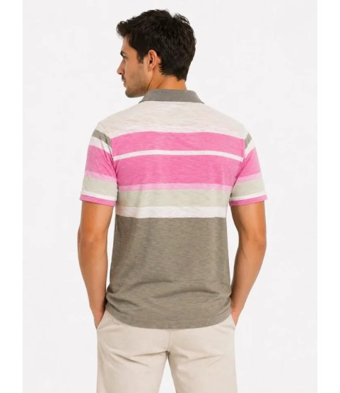 Erkek Flamlı Penye Çizgili Polo Yaka Tişört Kısa Kol Yazlık T-Shirt - Gri