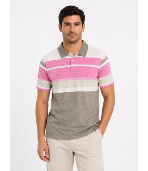 Erkek Flamlı Penye Çizgili Polo Yaka Tişört Kısa Kol Yazlık T-Shirt - Gri