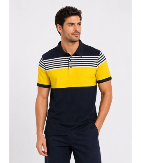 Erkek Pike Kumaş Çizgili Polo Yaka Tişört Kısa Kol Yazlık T-Shirt - Lacivert
