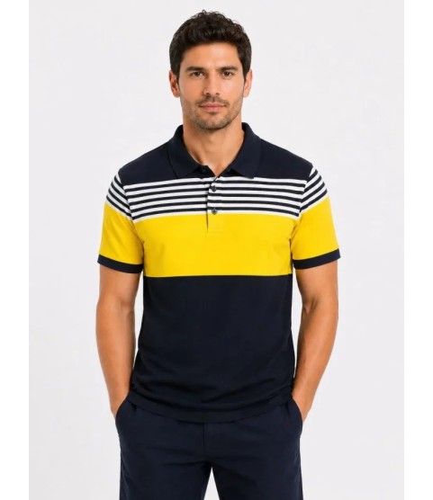 Erkek Pike Kumaş Çizgili Polo Yaka Tişört Kısa Kol Yazlık T-Shirt - Lacivert