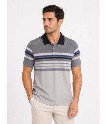 Erkek Flamlı Penye Çizgili Polo Yaka Tişört Kısa Kol Yazlık T-Shirt - Gri