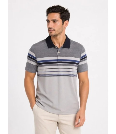 Erkek Flamlı Penye Çizgili Polo Yaka Tişört Kısa Kol Yazlık T-Shirt - Gri
