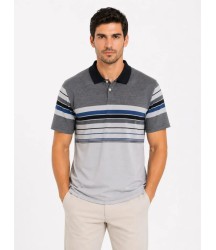 Erkek Flamlı Penye Çizgili Polo Yaka Tişört Kısa Kol Yazlık T-Shirt - Gri