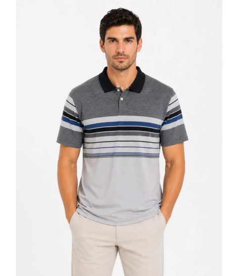 Erkek Flamlı Penye Çizgili Polo Yaka Tişört Kısa Kol Yazlık T-Shirt - Gri