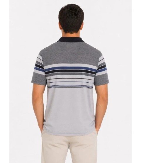 Erkek Flamlı Penye Çizgili Polo Yaka Tişört Kısa Kol Yazlık T-Shirt - Gri