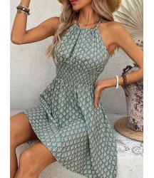Kadın Omuzlardan Açık Boyun Arkasından Bağcıklı Beli Lastikli Kısa Süprem Elbise
