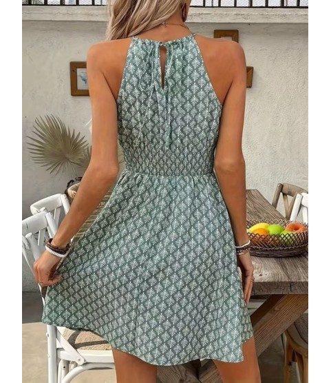 Kadın Omuzlardan Açık Boyun Arkasından Bağcıklı Beli Lastikli Kısa Süprem Elbise