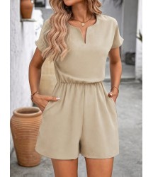 Kadın Kısa Kollu V Yakalı Beli Lastikli Kısa Ithal Krep Tulum