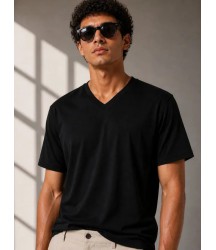 Erkek V Yaka Basic Tişört Kısa Kol Yazlık Regular Fit T-Shirt - Siyah