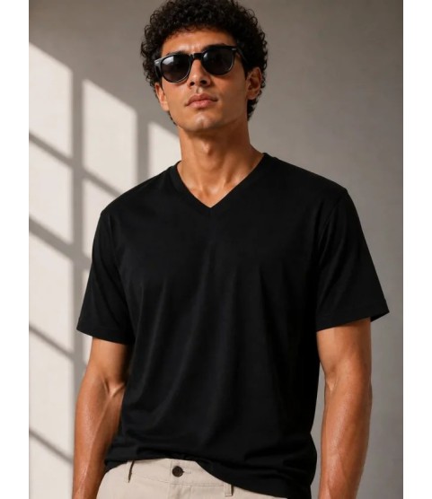 Erkek V Yaka Basic Tişört Kısa Kol Yazlık Regular Fit T-Shirt - Siyah