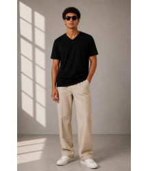 Erkek V Yaka Basic Tişört Kısa Kol Yazlık Regular Fit T-Shirt - Siyah