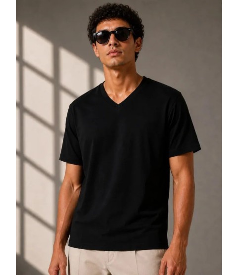 Erkek V Yaka Basic Tişört Kısa Kol Yazlık Regular Fit T-Shirt - Siyah