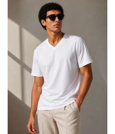 Erkek V Yaka Basic Tişört Kısa Kol Yazlık Regular Fit T-Shirt - Beyaz