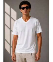 Erkek V Yaka Basic Tişört Kısa Kol Yazlık Regular Fit T-Shirt - Beyaz