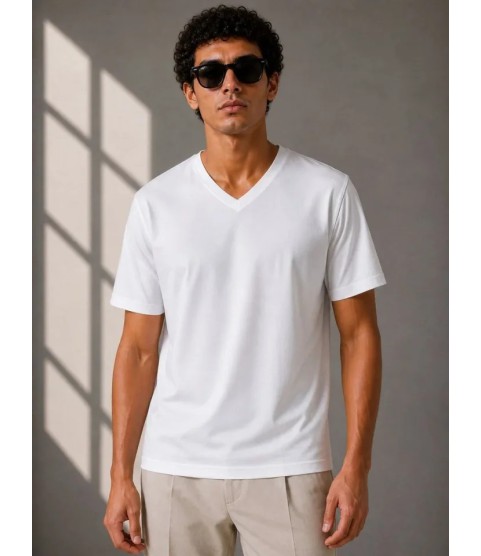 Erkek V Yaka Basic Tişört Kısa Kol Yazlık Regular Fit T-Shirt - Beyaz
