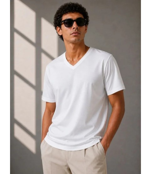 Erkek V Yaka Basic Tişört Kısa Kol Yazlık Regular Fit T-Shirt - Beyaz