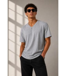 Erkek V Yaka Basic Tişört Kısa Kol Yazlık Regular Fit T-Shirt - Gri