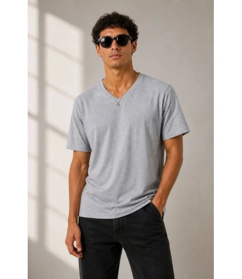 Erkek V Yaka Basic Tişört Kısa Kol Yazlık Regular Fit T-Shirt - Gri