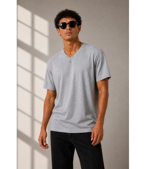 Erkek V Yaka Basic Tişört Kısa Kol Yazlık Regular Fit T-Shirt - Gri