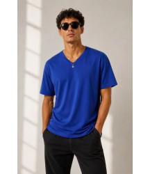 Erkek V Yaka Basic Tişört Kısa Kol Yazlık Regular Fit T-Shirt - Saks Mavisi