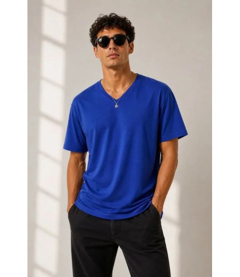 Erkek V Yaka Basic Tişört Kısa Kol Yazlık Regular Fit T-Shirt - Saks Mavisi