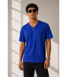 Erkek V Yaka Basic Tişört Kısa Kol Yazlık Regular Fit T-Shirt - Saks Mavisi