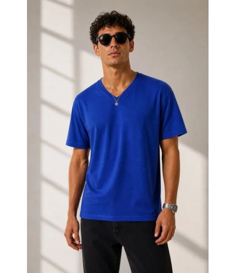 Erkek V Yaka Basic Tişört Kısa Kol Yazlık Regular Fit T-Shirt - Saks Mavisi