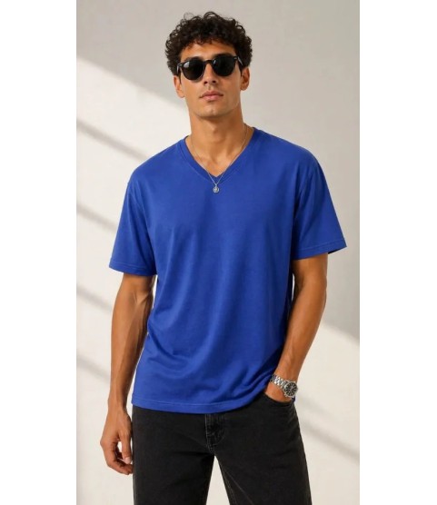 Erkek V Yaka Basic Tişört Kısa Kol Yazlık Regular Fit T-Shirt - Saks Mavisi
