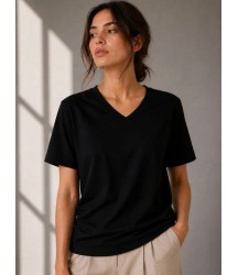 V Yaka Basic Tişört Kısa Kol Yazlık Regular Fit T-Shirt - Siyah