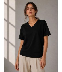 V Yaka Basic Tişört Kısa Kol Yazlık Regular Fit T-Shirt - Siyah