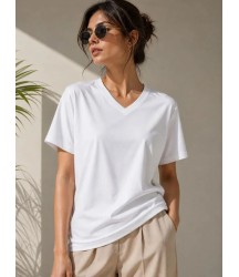 V Yaka Basic Tişört Kısa Kol Yazlık Regular Fit T-Shirt - Beyaz