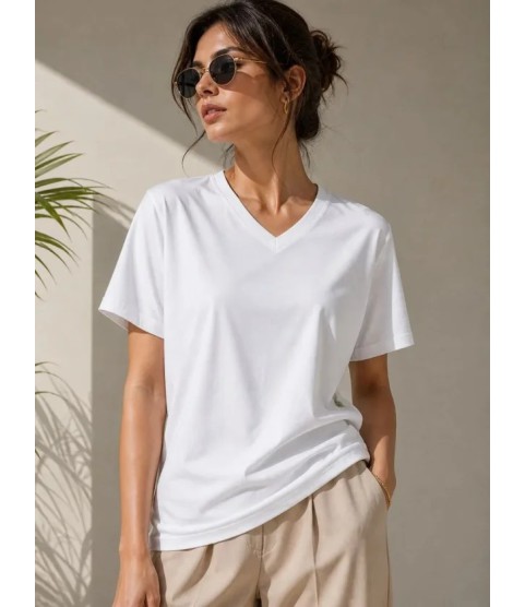V Yaka Basic Tişört Kısa Kol Yazlık Regular Fit T-Shirt - Beyaz