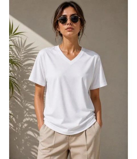 V Yaka Basic Tişört Kısa Kol Yazlık Regular Fit T-Shirt - Beyaz