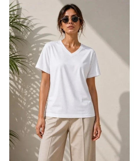 V Yaka Basic Tişört Kısa Kol Yazlık Regular Fit T-Shirt - Beyaz