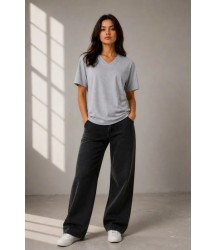 V Yaka Basic Tişört Kısa Kol Yazlık Regular Fit T-Shirt - Gri
