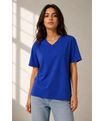 V Yaka Basic Tişört Kısa Kol Yazlık Regular Fit T-Shirt - Saks Mavisi