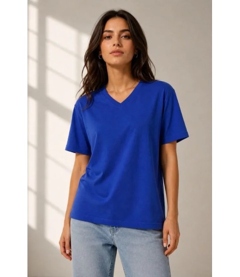 V Yaka Basic Tişört Kısa Kol Yazlık Regular Fit T-Shirt - Saks Mavisi