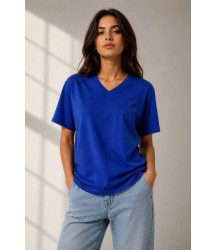 V Yaka Basic Tişört Kısa Kol Yazlık Regular Fit T-Shirt - Saks Mavisi