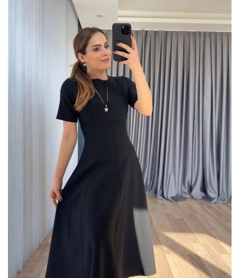 Kadın Kısa Kollu Bisiklet Yaka Maksi Boy Ithal Krep Elbise