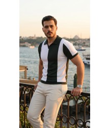 Erkek Kısa Kollu Polo Yakalı Blok Desenli Triko Bluz