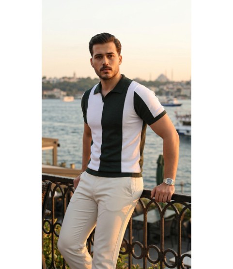 Erkek Kısa Kollu Polo Yakalı Blok Desenli Triko Bluz