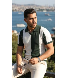 Erkek Kısa Kollu Polo Yakalı Blok Desenli Triko Bluz