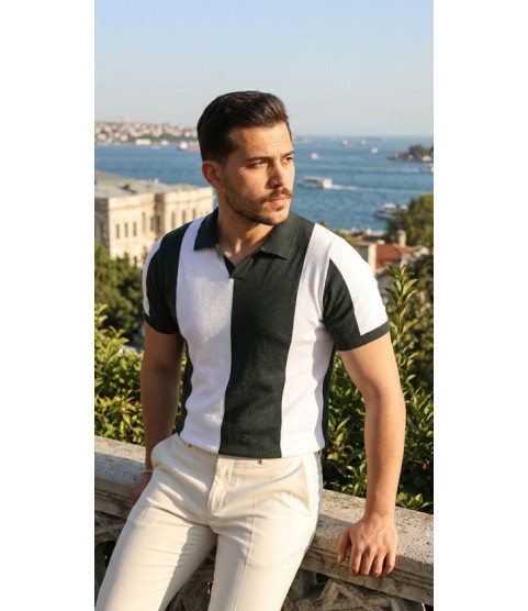 Erkek Kısa Kollu Polo Yakalı Blok Desenli Triko Bluz