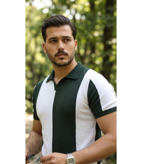 Erkek Kısa Kollu Polo Yakalı Blok Desenli Triko Bluz